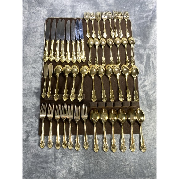 Vintage RETRONEU STEPHANIE Gold Accent Stainless Japan Flatware 48 Piece RARE - Picture 2 of 16